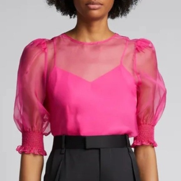Cinq à Sept Tops - Cinq a Sept Katerina 100% Silk Sheer Hot Pink Puff Sleeve Blouse Top Small Luxe